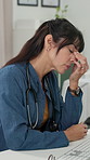 Frustrated woman, headache and doctor with stress for eye strain, overworked or fatigue in office. Tired, female person or healthcare worker with migraine, ache or pain for burnout, fail or mistake