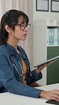 Tablet, doctor and woman in office for online research, medical report and telehealth on computer. Healthcare, clinic and person on tech for patient results, diagnosis and planning for insurance