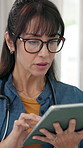 Reading, doctor and woman on tablet in office for online research, medical report and telehealth. Healthcare, clinic and person on digital tech for patient results, diagnosis and website for medicare