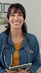 Face, doctor and woman on tablet in office for online research, medical service and telehealth. Healthcare, clinic and portrait of person on digital tech for consulting, career pride and website