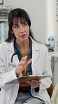 Woman, doctor and consultation with clipboard for patient checkup, diagnosis or exam in clinic. Female person, cardiologist or healthcare worker talking to client for prescription or test in hospital