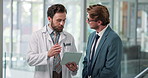 Healthcare, doctor or tablet in hospital for meeting, financial discussion or insurance policy update. Advisor, people or medical director with tech for schedule, funding platform or coverage options
