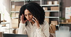 Laptop, woman or stress with phone call in logistics for supplier delay, delivery mistake or crisis. Supply chain, startup owner or frustrated with mobile contact for refund request or ecommerce fail
