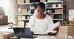 Ecommerce, checklist or seller in office with paper, delivery or export management in supply chain. Logistics, document or woman in workplace with laptop, package or cargo control in distribution.