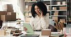 Business woman, tablet or logistics with phone call for inventory check or online distribution. Female person, entrepreneur or talking with mobile smartphone or boxes for schedule delivery or service