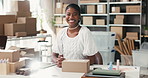 Happy, supply chain and face of black woman in office for logistics, retail supplier and shipping. Small business, startup and portrait of person with boxes for delivery, distribution and ecommerce