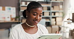 Supply chain, happy and black woman on tablet in office for online order, distribution or logistics. Small business, supplier and person on digital tech for shipping, delivery or inventory on website