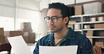 Ecommerce, reading or man in office with paper, cargo or inspection report in supply chain. Logistics, glasses or seller in agency with document, customs paperwork or delivery control in distribution