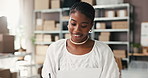 Ecommerce, reading or seller in office with paper, delivery or quality control in supply chain. Logistics, smile or black woman in agency with document, package or cargo management in distribution.