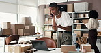 Laptop, woman or frustrated with phone call in logistics for delivery mistake, lost package or crisis. Supply chain staff, owner and stress with contact in warehouse for shipping delay or order error
