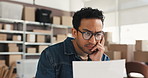 Man, documents and stress at dropshipping startup, confused or lost order at warehouse. Person, paperwork and frustrated with review, admin and report with logistics for with inventory management