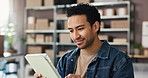 Logistics, office and business man on tablet for online order, distribution and supply chain. Startup, planning and person on digital tech for shipping service, delivery and inventory on website