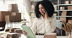 Woman, tablet and phone call with boxes for small business logistics, startup or schedule delivery. Female person, entrepreneur or talking with mobile smartphone or technology for shipping service