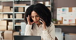 Laptop, woman and stress with phone call in shipping for logistics error, courier mistake or crisis. Supply chain, small business owner or frustrated with contact for refund request or ecommerce fail