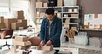 Man, logistics or packing with box for small business delivery, supply chain or courier service. Male person, entrepreneur or employee with parcel or package for online shipping order or distribution