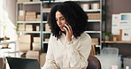 Woman, phone call and laptop at dropshipping with talk, checklist and inventory management with contact. People, smartphone and small business owner with pc, logistics or box for ecommerce at startup