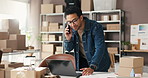 Supply chain, phone call and man with laptop, communication and inventory management. Entrepreneur, business and person with cellphone, pc and online schedule for shipping and checklist for stock