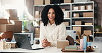 Laptop, logistics and face of businesswoman in office for boxes, distribution or commerce career. Happy, computer and portrait of female entrepreneur with stock for supply chain, shipping or delivery