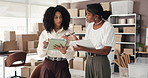 Tablet, clipboard and business women in office for logistics, distribution or order inventory. Digital technology, checklist and female supply chain employees with discussion for ecommerce delivery.