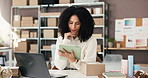 Woman, tablet and scroll at dropshipping startup with checklist, smile and inventory management in office. Person, tech and small business with app, logistics or thinking for ecommerce at warehouse