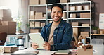 Tablet, logistics and face of businessman in office for boxes, distribution or commerce career. Happy, technology and portrait of male entrepreneur with stock for supply chain, shipping or delivery.
