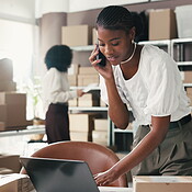 Logistics, phone call and woman with laptop, startup or communication ...