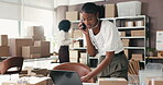 Logistics, phone call and woman with laptop, startup or communication with supplier for distribution. Shipping, boxes and people in warehouse for supply chain, ecommerce and planning for order on web