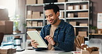 Happy man, boxes or inventory with tablet for small business startup, logistics or stock in storage. Businessman, supplier or distributor with technology for distribution, delivery or courier service