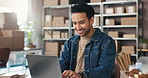 Man, laptop and typing with smile for dropshipping, checklist or delivery schedule at startup. Person, computer and logistics career with boxes, notes and inventory management at storage warehouse