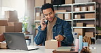 Happy man, inventory and box with phone call for small business startup, logistics or storage. Businessman, supplier or distributor talking with mobile smartphone for delivery or courier service