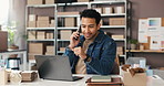 Man, phone call and laptop with talk at dropshipping startup, checklist or contact for order confirmation. Person, smartphone and communication with pc, logistics and smile for ecommerce at warehouse