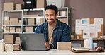 Ecommerce, thinking and happy man with laptop, reading and invoice for online order. Person, startup or entrepreneur with pc, planning or email for company website, supply chain and business owner