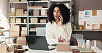 Woman, phone call and laptop with box for dropshipping, talk and contact with inventory management. Person, smartphone and small business owner with pc, logistics or package for ecommerce at startup