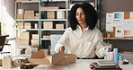 Woman, packing and box for ecommerce startup of skincare product, online order and delivery. Female person, package and prepare parcel with cosmetics, supply chain and supplier for cargo distribution