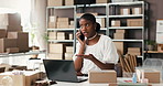 Frustrated, woman or laptop with phone call for ecommerce, delivery mistake or logistics discussion. Black person, stress and talk with tech in office for supplier contact, shipping error or problem.
