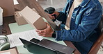 Supply chain, scanner and hands of man on laptop for online orders, distribution and label info. Small business, above and person typing on computer for logistics, shipping and inventory barcode