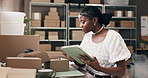 Ecommerce, check or black woman in office with tablet, stock management or box review for distribution. Logistics, inspection or seller in agency with tech, delivery or cargo control in supply chain.