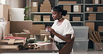 Shipping, woman or packing box in warehouse for order preparation, courier service or supply chain. Ecommerce, black person or paperwork for logistics process, parcel distribution or delivery invoice