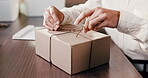 Shipping, hands and woman wrapping package for order preparation, courier service or supply chain. Ecommerce, startup owner or paperwork for logistics process, parcel distribution or delivery invoice