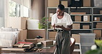 Ecommerce, woman or writing with checklist for box delivery details, courier service or customer info. Black person, clipboard and package in logistics office for shipping, distribution and dispatch.