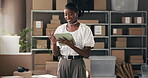 Startup, happy and woman with tablet, ecommerce and preparing for order on website and distribution. Small business, entrepreneur and black person with technology for online shop, boxes and logistics