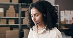 Logistics, woman or headset with customer service in small business for order FAQ, shipping or help. Supply chain, agent and talking to client for package tracking, pricing enquiry or delivery status