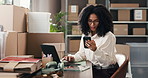 Distribution, cellphone and woman with laptop, internet or connection with online checklist. Person, company website or entrepreneur with smartphone, texting and invoice with app, ecommerce or email