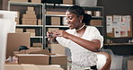 Supply chain, phone and black woman with picture of box for online orders, distribution or delivery info. Small business, office and person on smartphone for logistics, shipping label or scan qr code