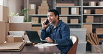 Supply chain, phone call and man on laptop in office for online orders, distribution and delivery update. Small business, talking and person on smartphone for logistics, shipping and communication