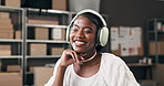 Supply chain, music and black woman with headphones in office for distribution, shipping and supplier business. Startup, happy and person listening to song, audio and radio on break for logistics