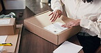 Logistics, hands or woman with box label for shipping info, packaging process or order delivery. Supply chain, small business or person with package sticker for courier service or parcel distribution