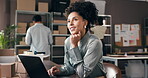 Thinking, woman and logistics with laptop, small business and planning for delivery schedule on web. Entrepreneur, reflection or people with tech for distribution, order and inventory for online shop