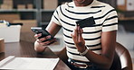 Supply chain, phone and hands of woman with credit card for online payment, banking info and purchase. Small business, ecommerce and person on smartphone for logistics, shipping order and delivery