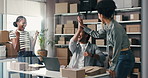 Logistics, team or high five with laptop in small business for sales profit, shipping goals or success. Supply chain, happy people and tech with clapping for startup growth and freight cost reduction